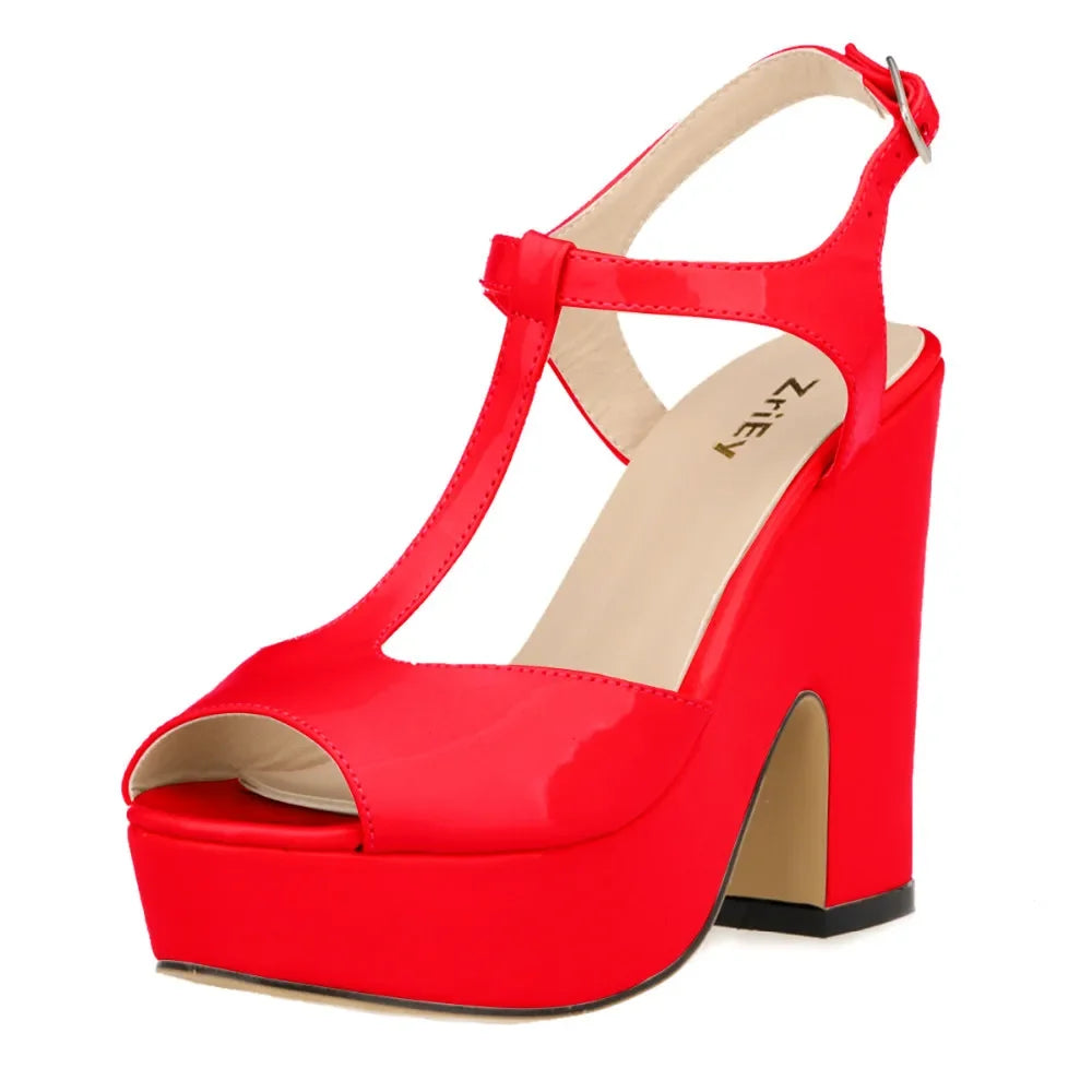 Women Sandals Fashion Sexy 12cm Ankle Strap Peep Toe High Heels Ladies Wedges Platform Sandal Patent Leather Party Wedding Shoes
