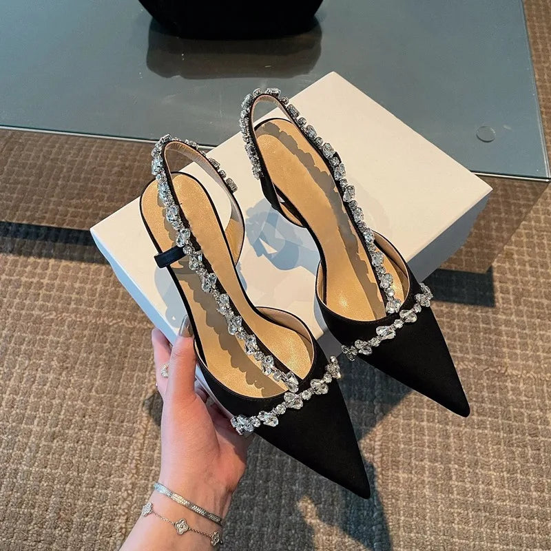 Luxury Women High Heels Ladies Pointed Toe Party Wedding Shoes White Black Stiletto Summer Rhinestone Slingback Sandals Female