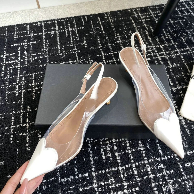 2026 New Pointy Peach Heart Fine Heel Shoes Sexy Pvc Transparent Film Black Patent Leather High Heel Overhead Sandals
