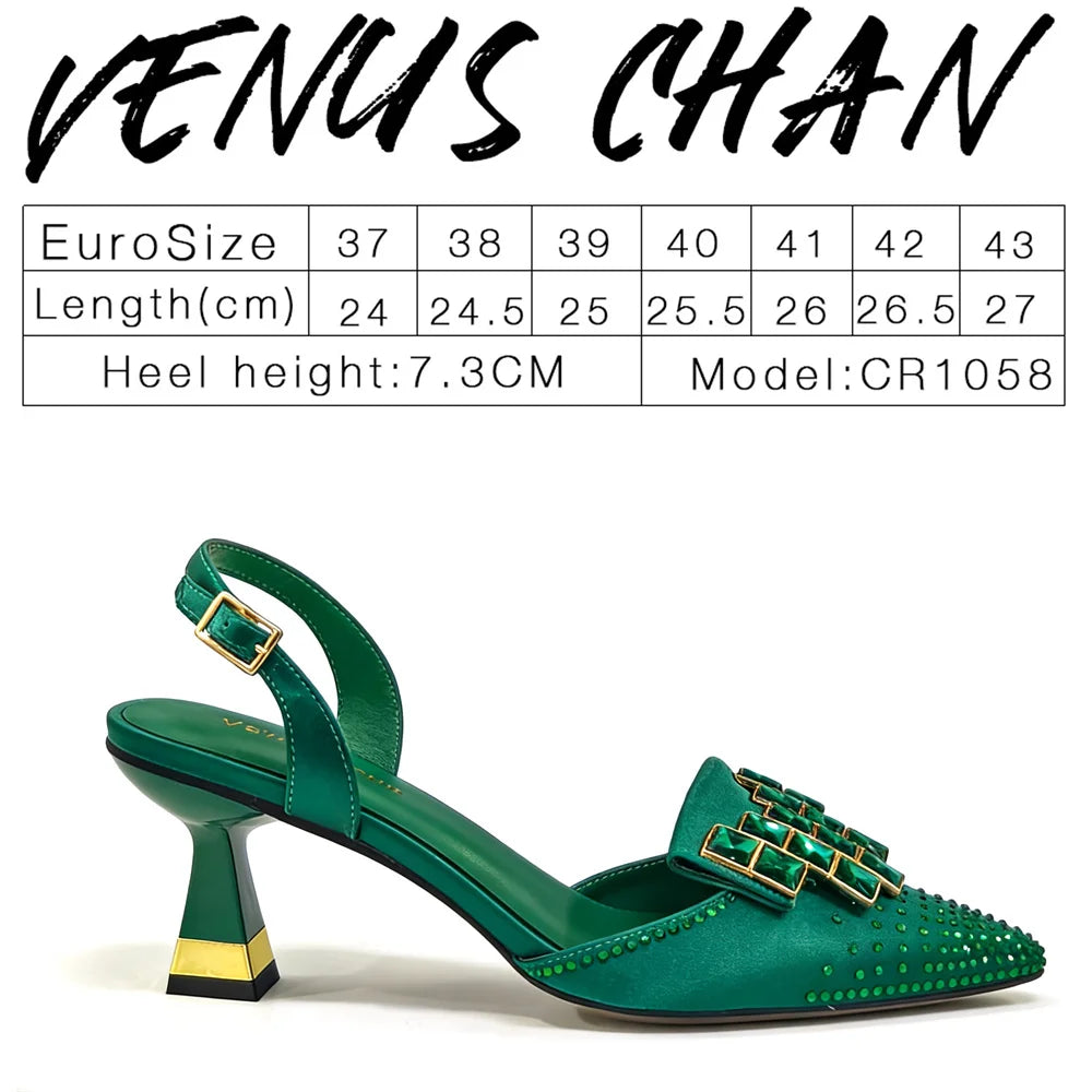 Venus Chan 2026 Elegant Green Slingback Heels with Rhinestones – Italian Design, Pointed Toe Bridal & Evening Party Footwear