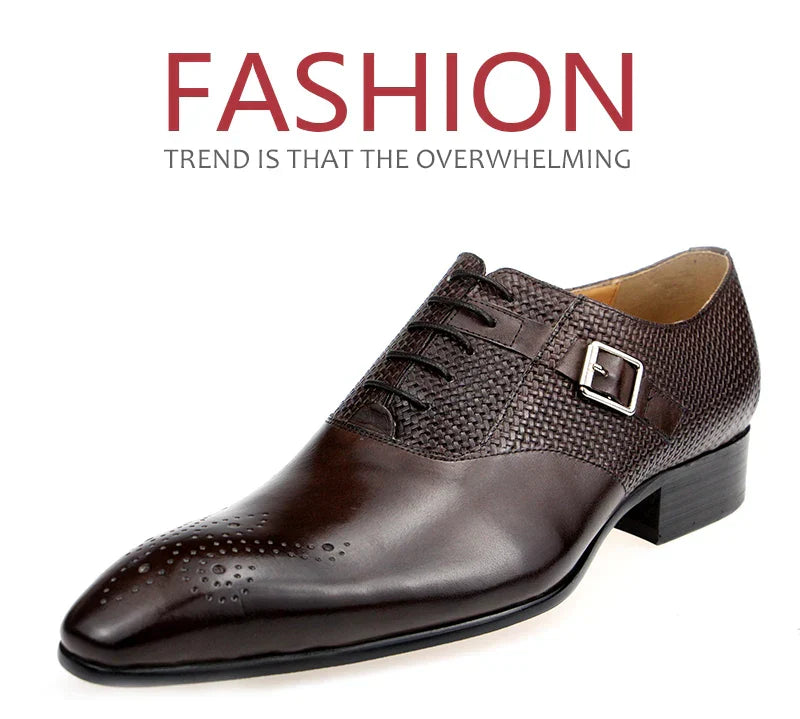 Mens Formal Genuine Leather Shoes Fashion Zapato Social Male Wedding Dress Loafer Weave Printing Lace-up Daily Brogue Shoes