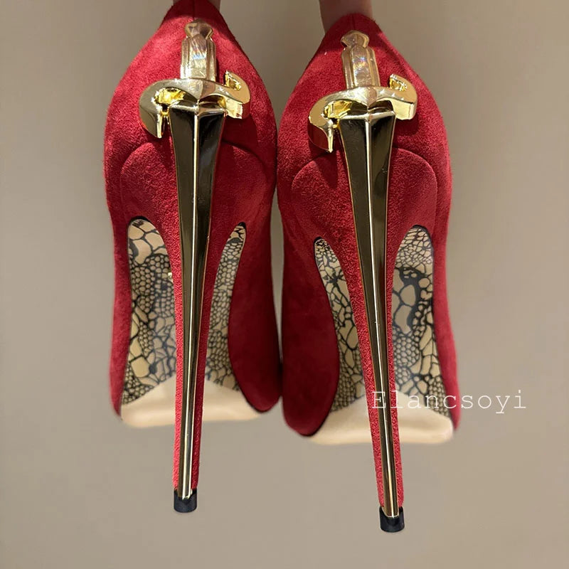 Women Pumps Real Leather Metal Sword Pointed Toe High Heel Shallow Mouth Thin Heel Single Shoes Spring Autumn Sexy Runway Shoes