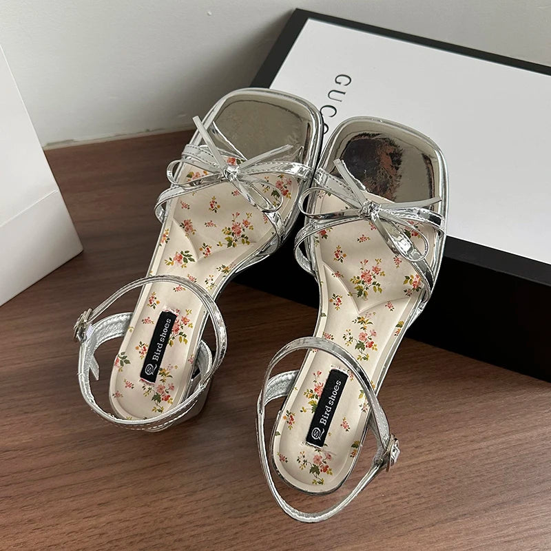 New Summer Butterfly-knot Thick Heel Women Sandals Fashion Floral Ankle Strap Shoes Ladies Outdoor Dress Gladiator Sandalias