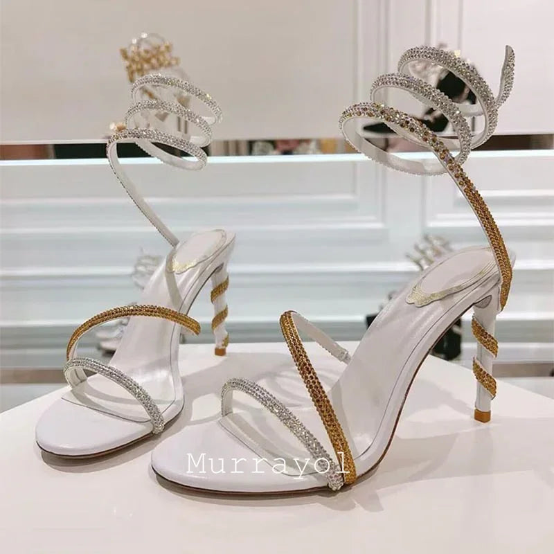 Glitter Crystal Decor High Thin Heels Sandals Women Shiny Snake Shaped Elastic Strap Design Sandalias Summer Party Dress Shoes