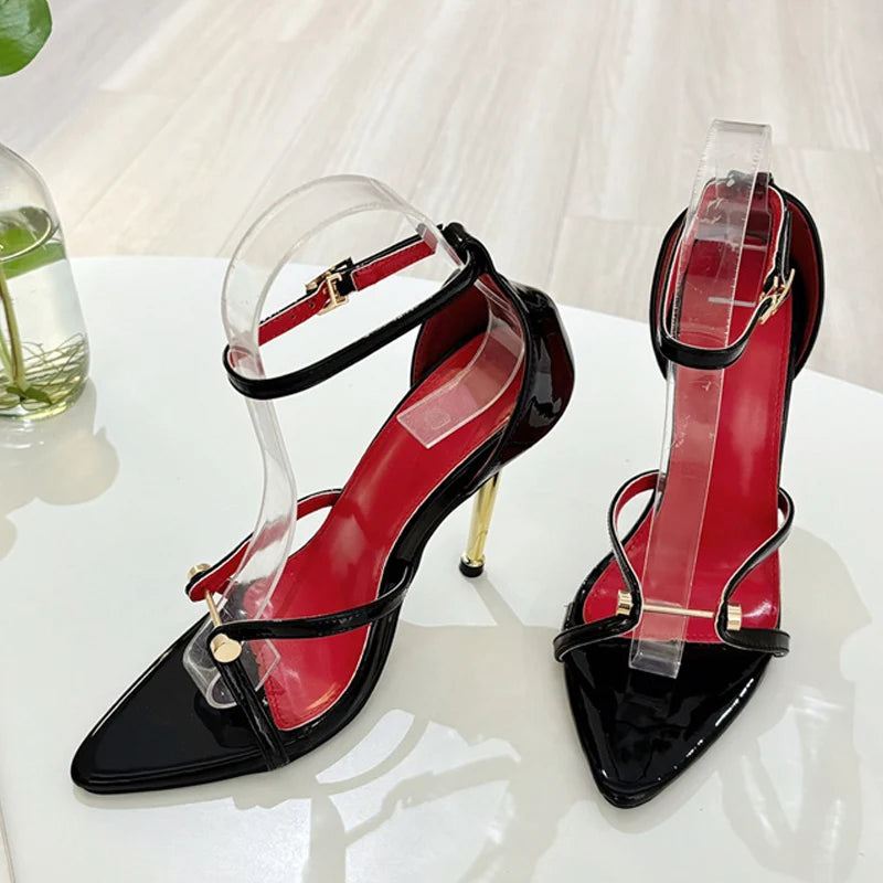 Liyke Sexy Gold Silver Ankle Cover Strap Sandals Women Shoes Fashion Metal Decoration Pointed Open Toe Party Club Stripper Heels