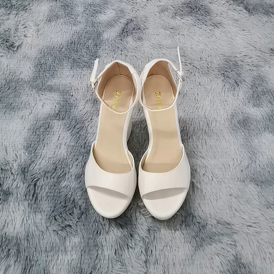 Women Sandals 14cm Sexy Peep Toe Ankle Strap Platform Wedge High Heels Sandal Party Red Wedding Dress Ladies Shoes Large Size