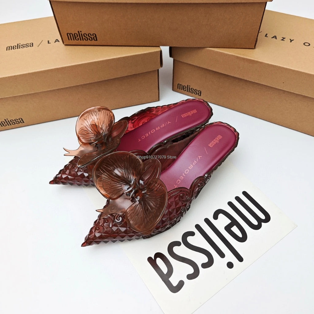 Design Big Butterfly Knot Slides Women Flat Mules Sandals High Quality Cozy PVC Transparent Sandals Pointed Toe Back Strap Shoes