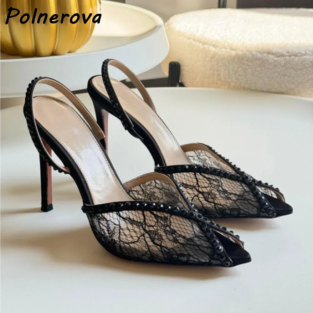Lace Rhinestone Sandals Slingback White Black Peep Pointy Toe Ankle Band Women's Shoes Elegant Summer Solid Party Shoes 2025