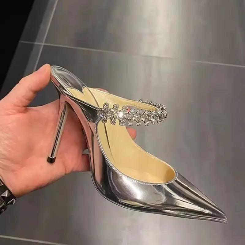 2026 New Fashionable Fine Heeled Muller Shoes with Pointed Water Diamond Chain Banquet Shallow Mouth Women's High Heel Sandals