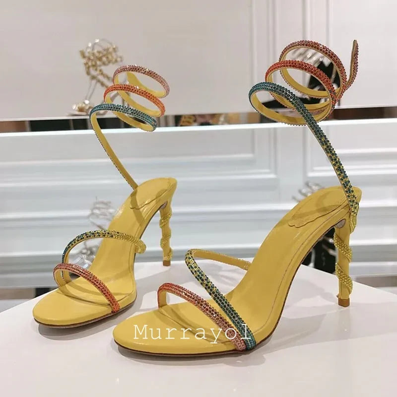 Glitter Crystal Decor High Thin Heels Sandals Women Shiny Snake Shaped Elastic Strap Design Sandalias Summer Party Dress Shoes