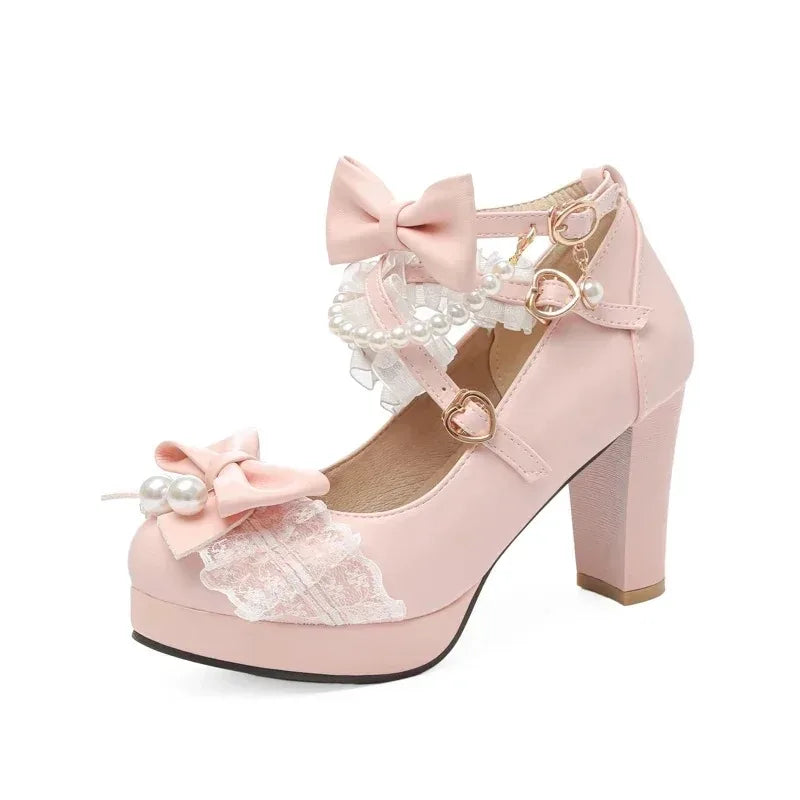Cross Strap Women High Heels Mary Jane Pumps Party Wedding Cosplay White Pink Black Strawberry Bow Princess 2025 Lolita Shoes