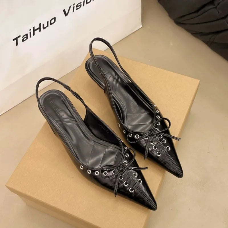 Summer 2025 Pointed Toe Slingbacks Sandals Women Elegant Kitten Heel Dress Shoes Shallow Comfy Bowknot Office High Heels Ladies