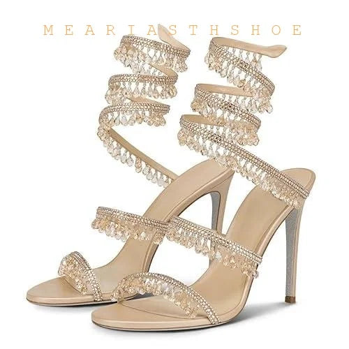 black Women's High Heels Gladiator Sandals Woman Fashion Tassel Crystal Shoes Women Sexy Banquet Party Stiletto Shoes for Women