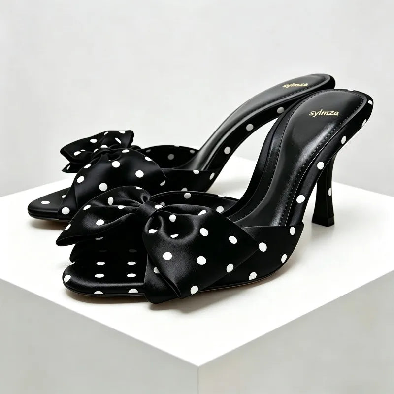 Satin Polka Dot Butterfly Knot Decorative Heeled Sandals Women Sexy Open-Toe Slide Sandals Summer Elegant Stiletto Heel Slippers