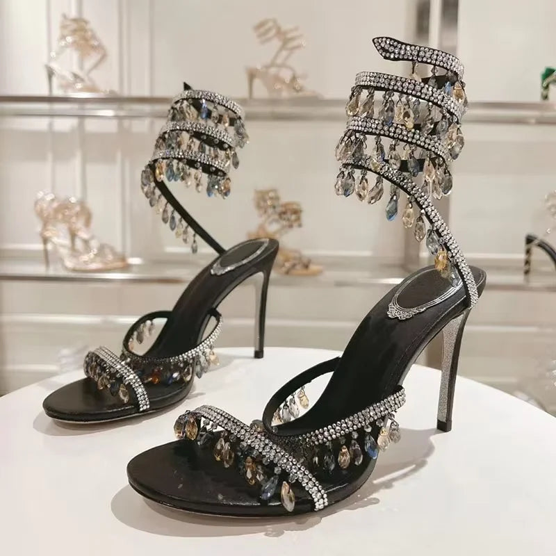 Sexy High Heels Gladiator Sandals Women Crystal String Bead Snake Twine Around Ankle Strap Wedding Shoes Summer Sandals Woman