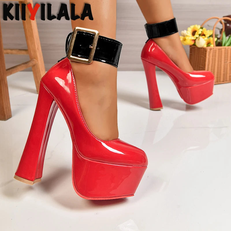 Women Fashion Platform Pumps 5.5cm Height 4cm Wide Gold Belt Buckle Strap Party Shoes 16.5cm Chunky Heels Dance Footwear Size 50