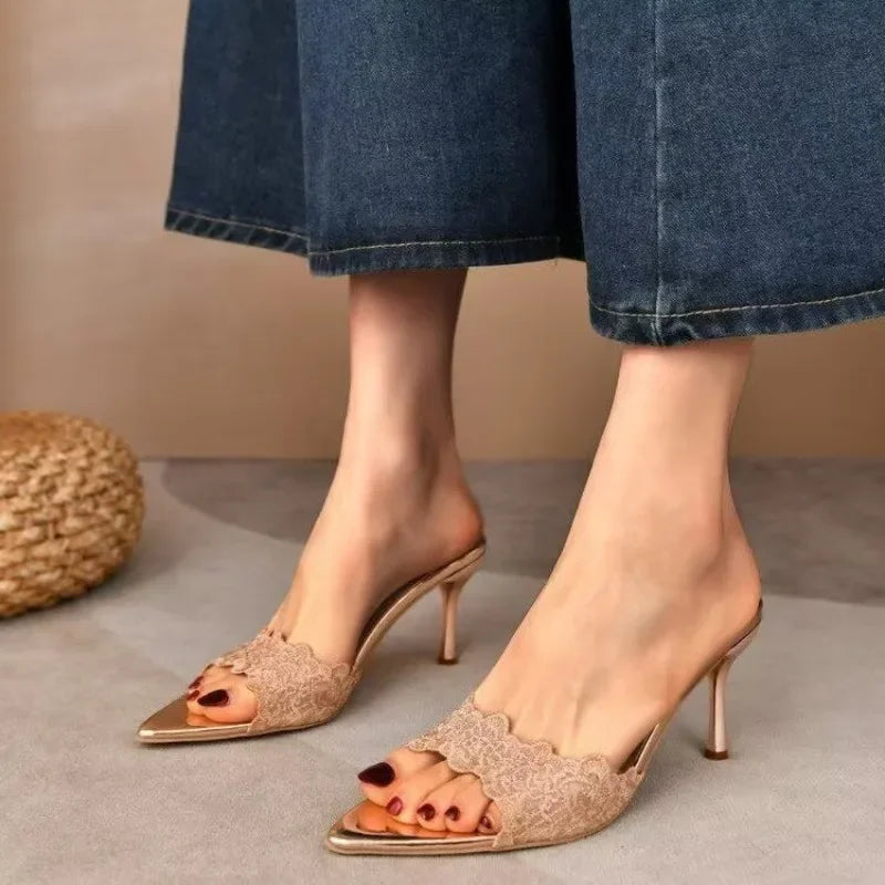 Luxury Lace Crochet Mule Slipper Woman Brand Design Point Toe High Heel Slide Sandal Ladies Elegant Evening Party Stiletto Shoes