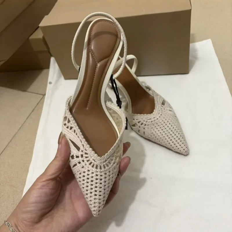 Elegant Crochet Slingback High Heels Women Pointed Toe Hollow Out Pump Sandals Woven Fabric Summer Party Wedding Dress Shoes