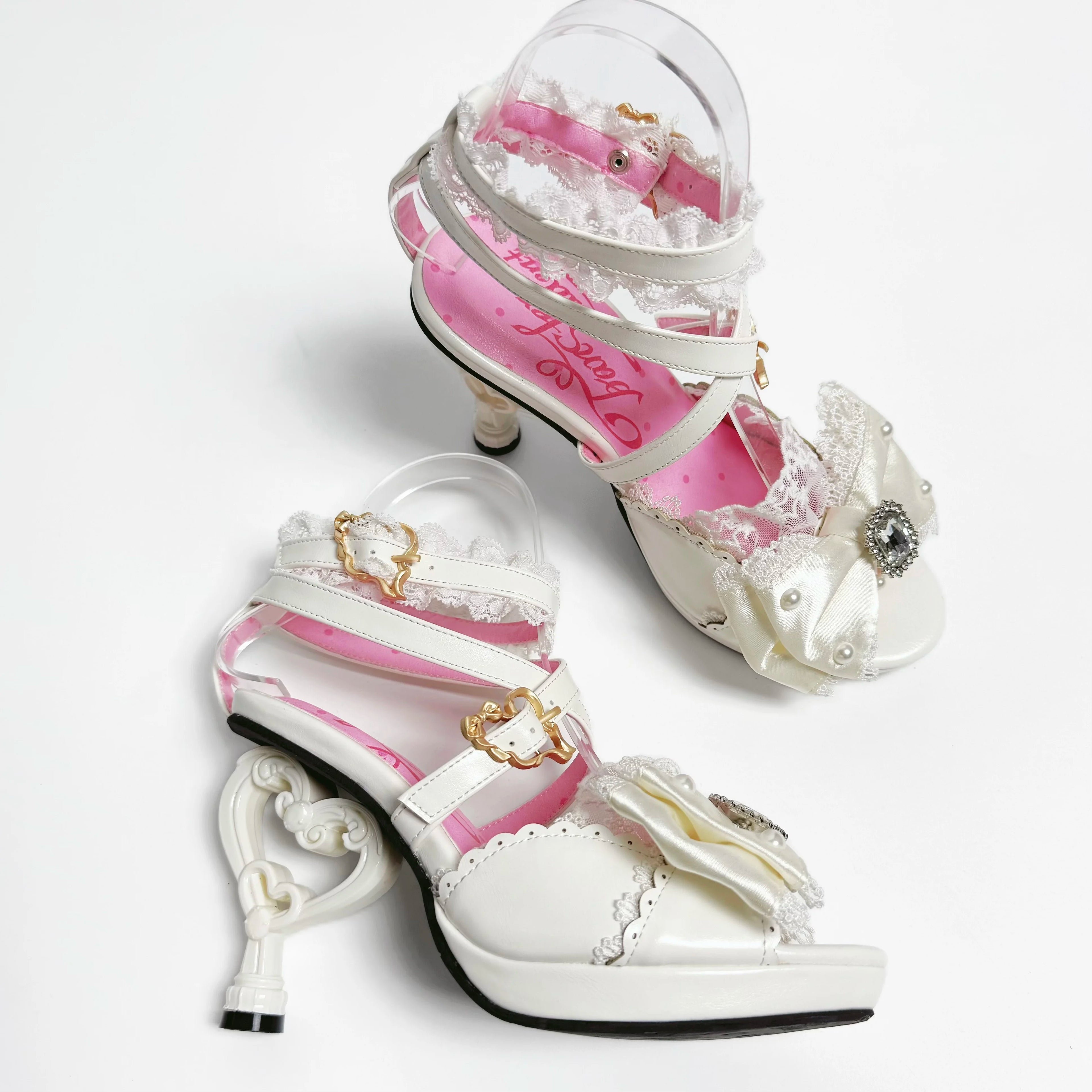Sweet Cute Fashion Round Head Princess Lolita Shoes Women Summer New Kawaii Bow Lace Stitching Pink High Heels Girl Sandals