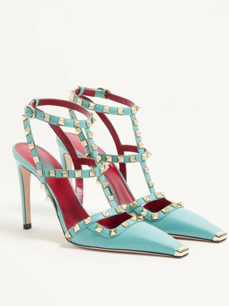 2026 Women's Rivet Low Heel Square Head Stiletto Sandals Fashion Show Party Summer Women's High Heel Sandals