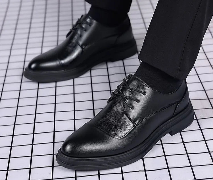 Men's Genuine Leather Oxfords Pointed Toe Lace Up Dress Shoes British Style Business Wedding Casual Footwear for Spring Autumn