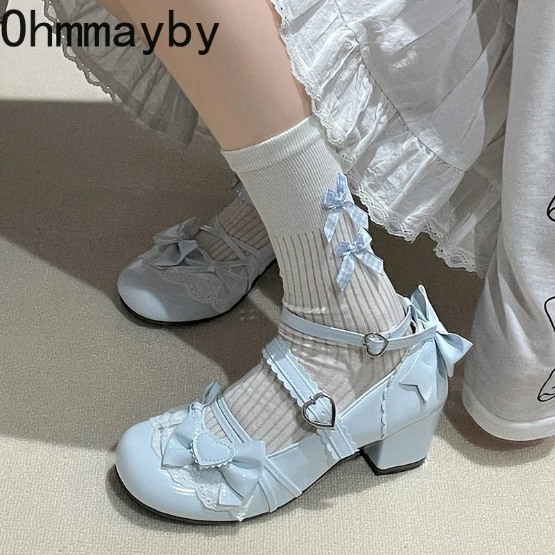 Ballet Style Thick Heel Women Lolita Mary Jane Shoes Fashion Butterfly-knot Outdoor Women's Party Dress Pumps