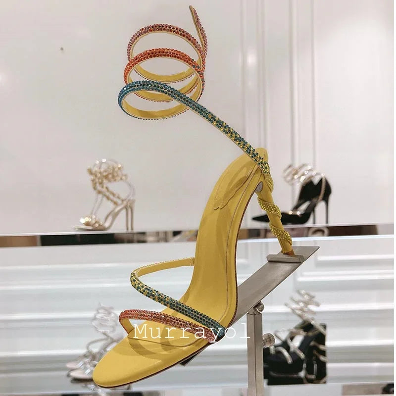 Glitter Crystal Decor High Thin Heels Sandals Women Shiny Snake Shaped Elastic Strap Design Sandalias Summer Party Dress Shoes