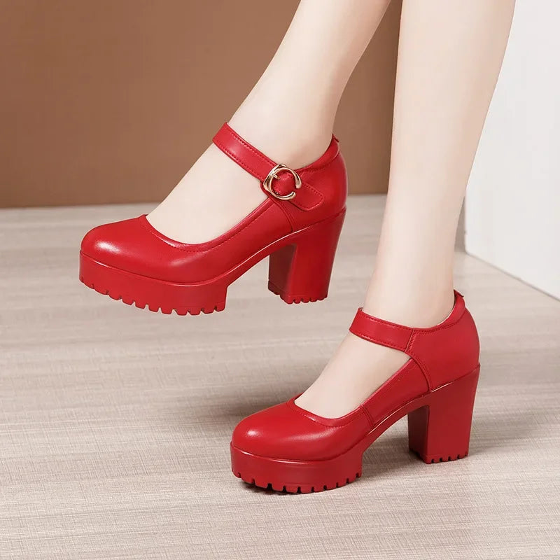 6 8 10cm Small Size 32-43 Shallow Thick Bottom Genuine Leather Shoes Platform Pumps 2026 Block High Heels Shoes Office Model