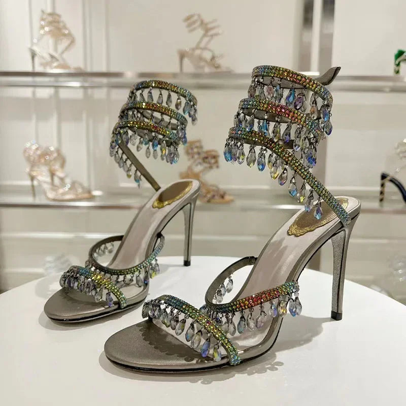 Luxury High Heels Sandals Women Crystal Pendant Snake Twine Around Ankle Strap Wedding Shoes Summer Bohemian Sandals Woman