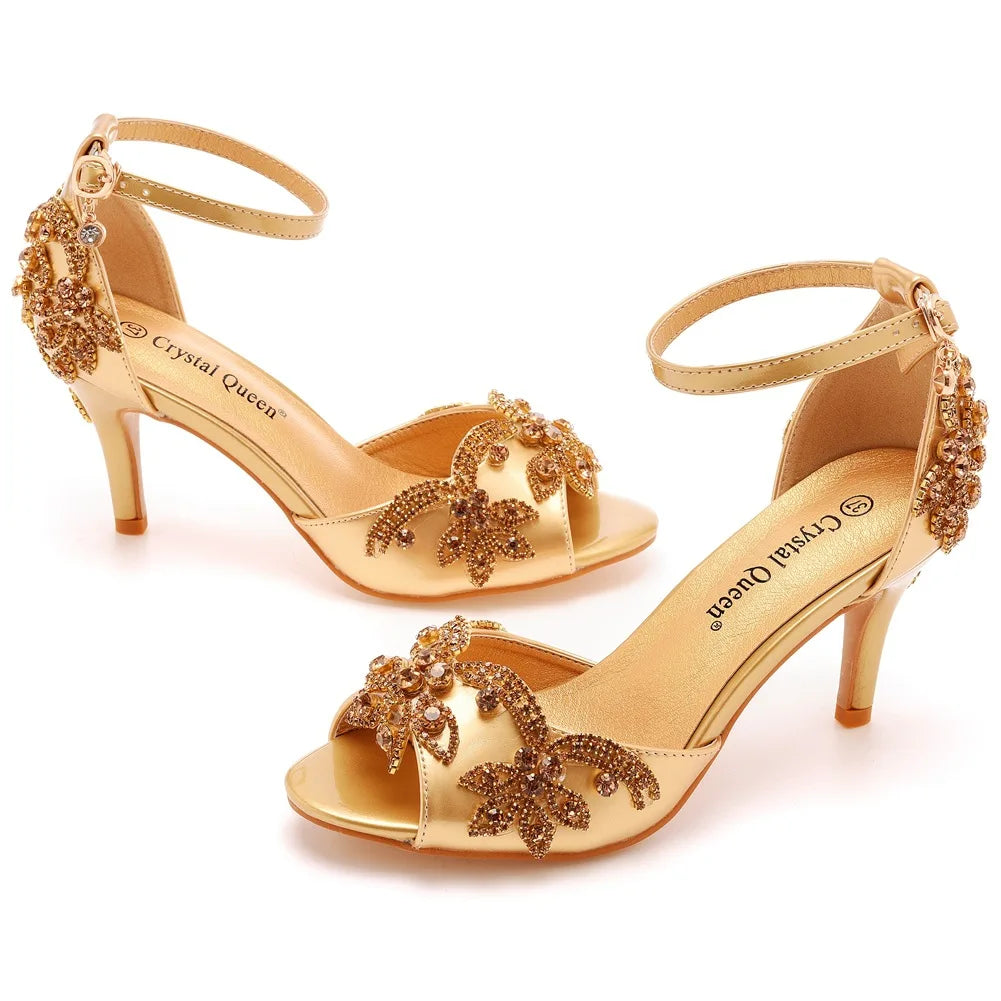 Quality Women Sandals Female Rhinestone PU 7CM Thin Heels Buckle Strap Korean Style Women's Shoes Dress Sky Blue Mature