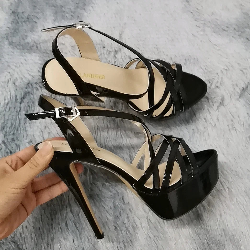 Women Sandals 14CM Super Sexy Platform High Heels Ankle Strap Sandals Open Toe Sanke Gladiator Party Dress Red Wedding Shoes