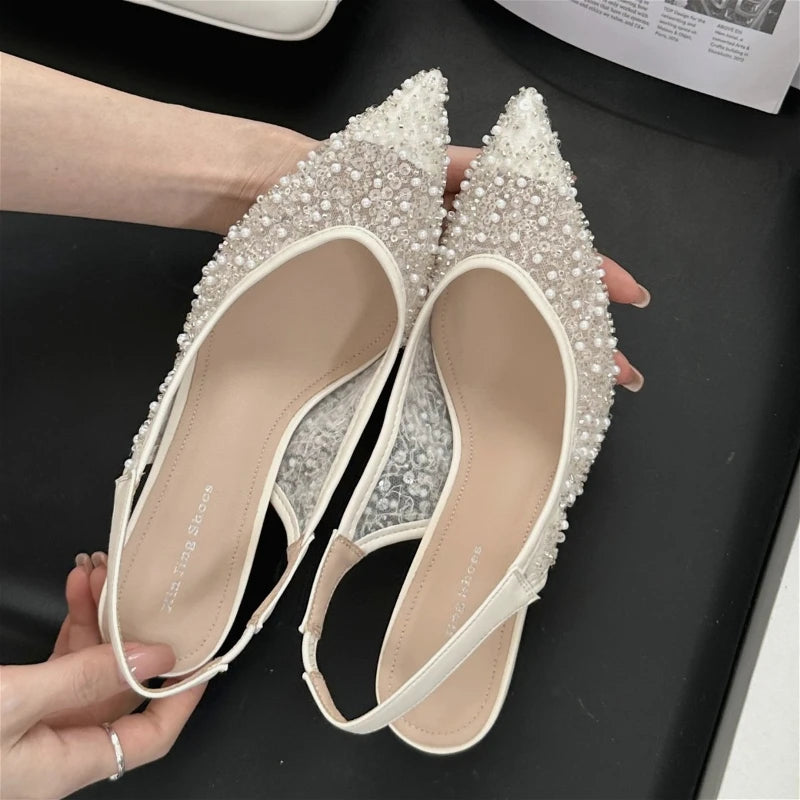String Beads Mesh Slingback High Heels Women Bling Sexy Sandals Breathable Pointed Toe Pumps Wedding Banquet Party Shoes Femal