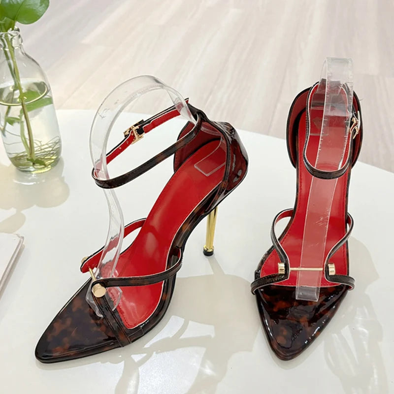 Liyke Sexy Gold Silver Ankle Cover Strap Sandals Women Shoes Fashion Metal Decoration Pointed Open Toe Party Club Stripper Heels