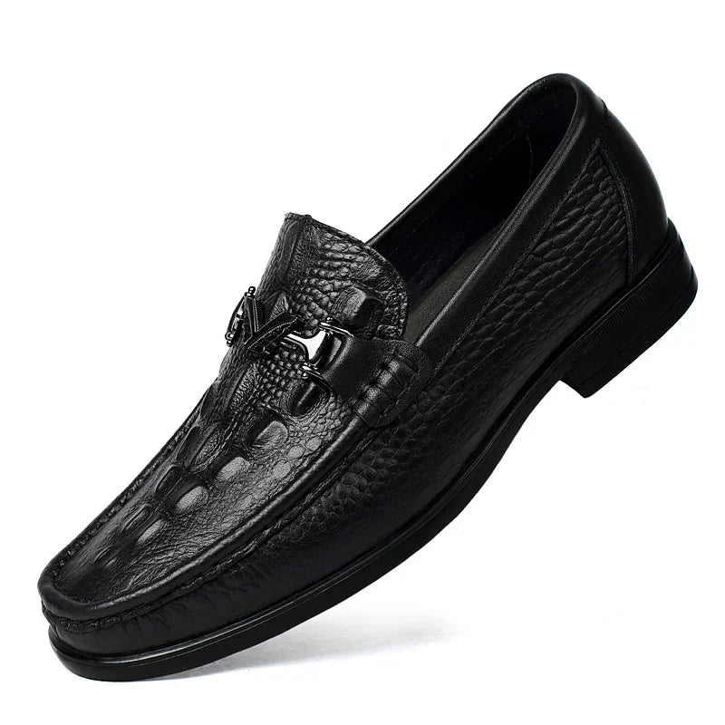 High Quality Round Toe Breathable Loafers Fashionable Brand Men's Comfortable Crocodile Patterned Casual Cowhide and Bean Shoes