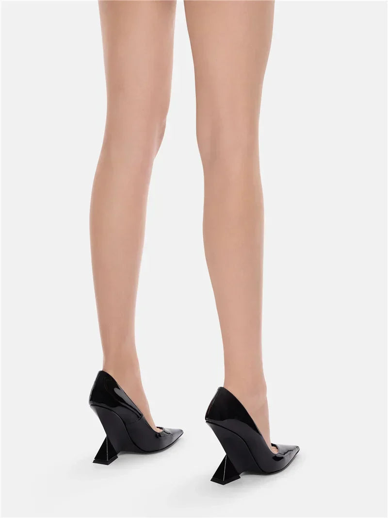 Runway Women Heels Pumps 2026 Designer Shoes Patent leather Pointed Toe Slingback Shallow Luxury Brand Strange Heel Woman Shoes