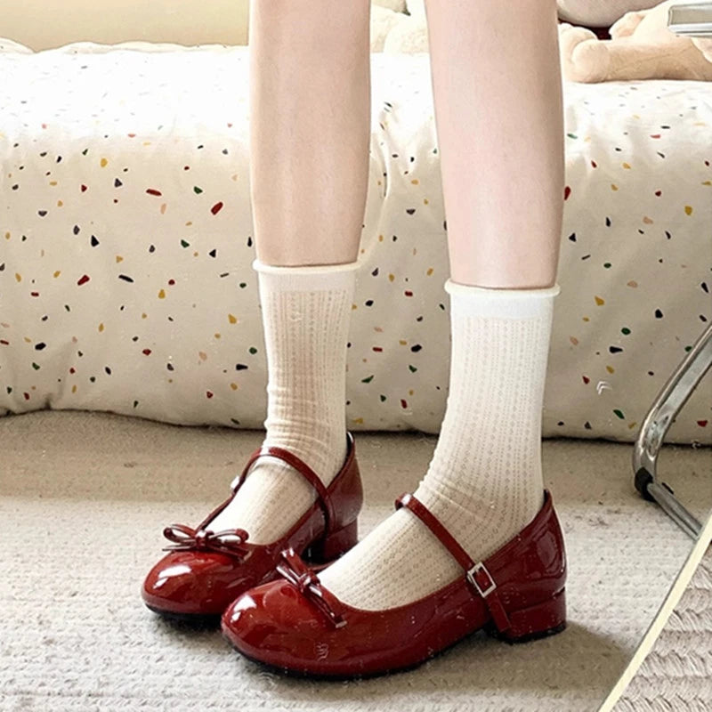 Wine-red Mary Jane Thick-cut Single-shoe Women's 2025 Summer New Butterfly Wedding Shoes Round Toe Small Shoe