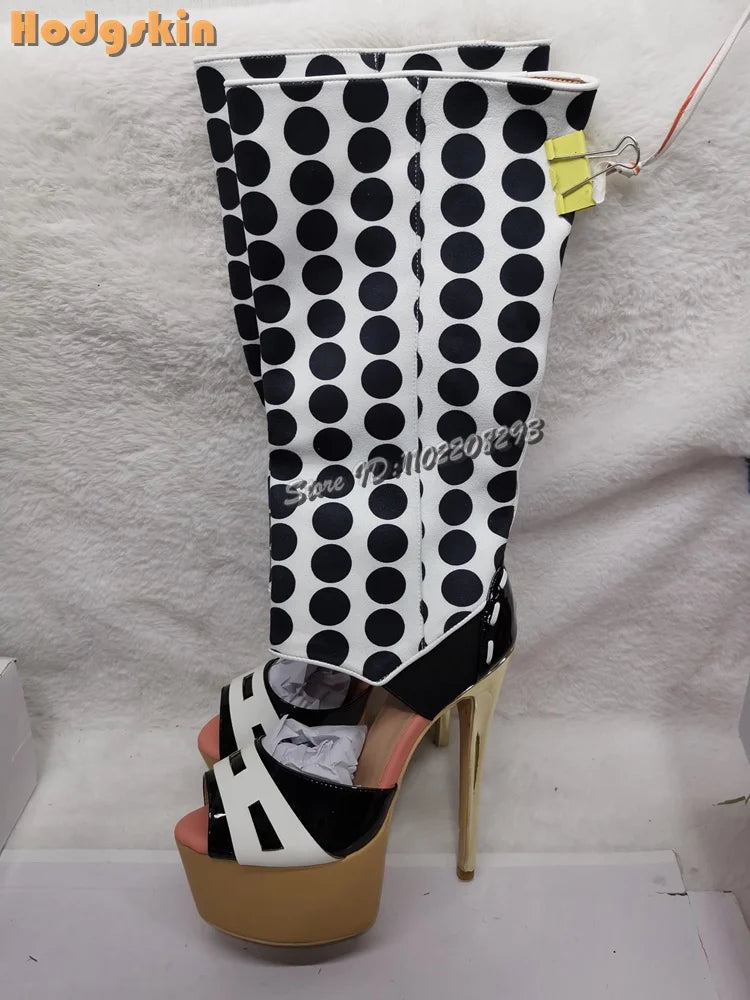 Sexy Polka Dots Knee-high Sandals Patchwork Leather Peep Toe Metal Heel Summer Boots 2026 Summer New Fashion Stiletto Women Shoe