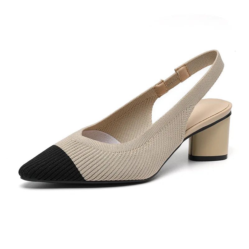 Sandals for Women Heels Knitted Rear Empty Strap Fashion Sandals Pointed Head Shallow Mouth Side Empty Daily Thick Heel Sandals