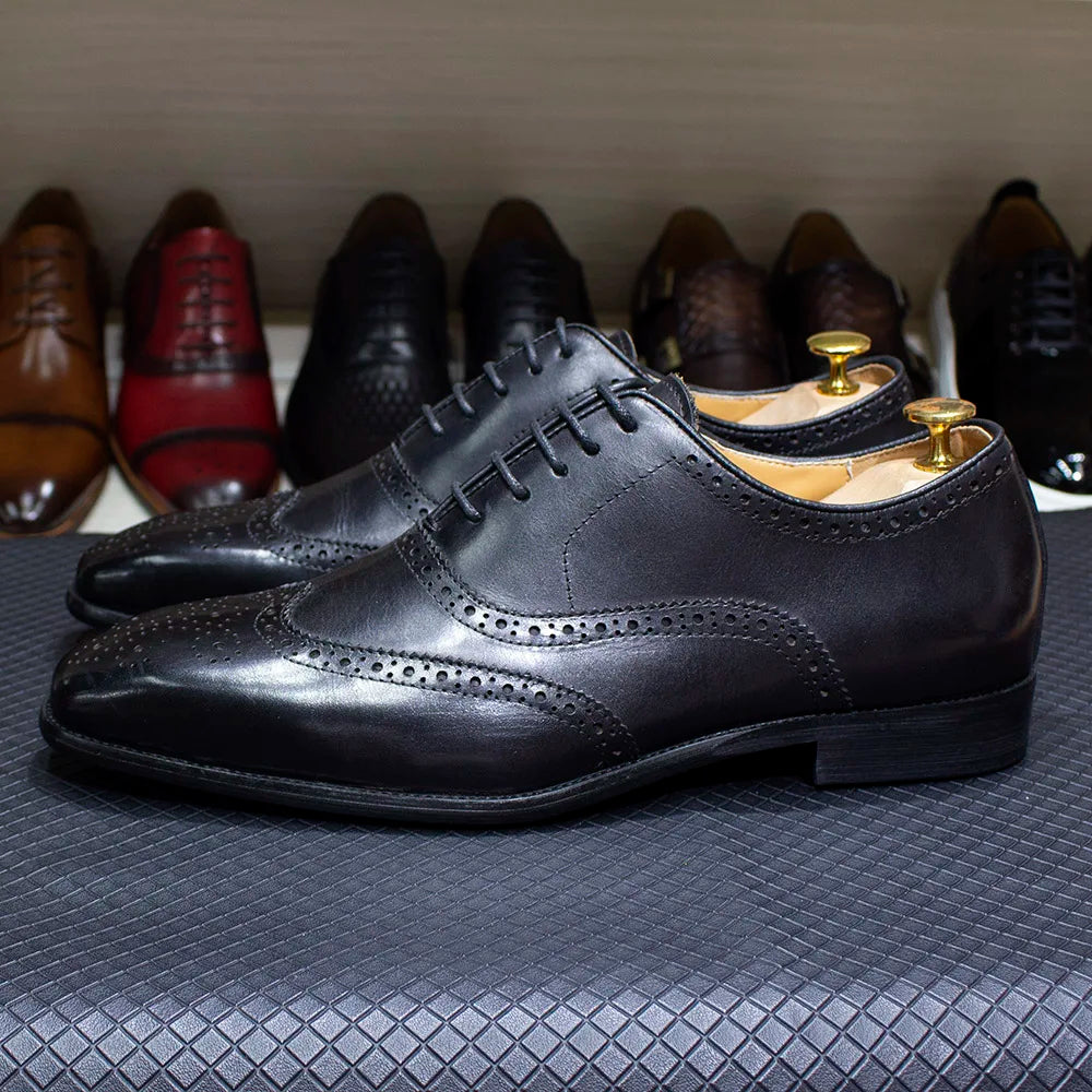 Size 7-12 Handmade Men's Wingtip Oxford Shoes Genuine Calfskin Leather Brogue Dress Shoes Classic Business Formal Shoes for Men