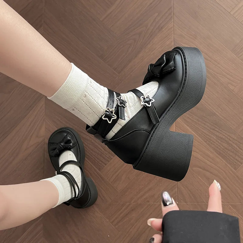 Spring Platform Thick Bottom Women Lolita Mary Jane Shoes Butterfly-knot Buckle Strap Shoes Ladies Elegant Heel Dress Pumps