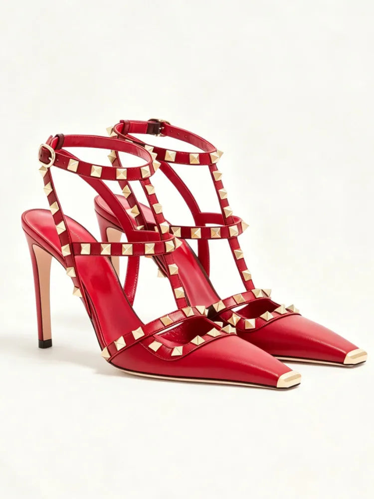 2026 Women's Rivet Low Heel Square Head Stiletto Sandals Fashion Show Party Summer Women's High Heel Sandals