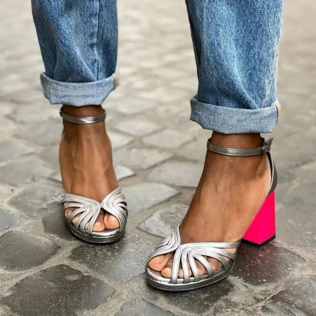 Open Toe Comfort Shoes for Women Female Sandal Buckle High Heels Large Size 2025 Summer Peep Girls Fashion High-heeled Big New