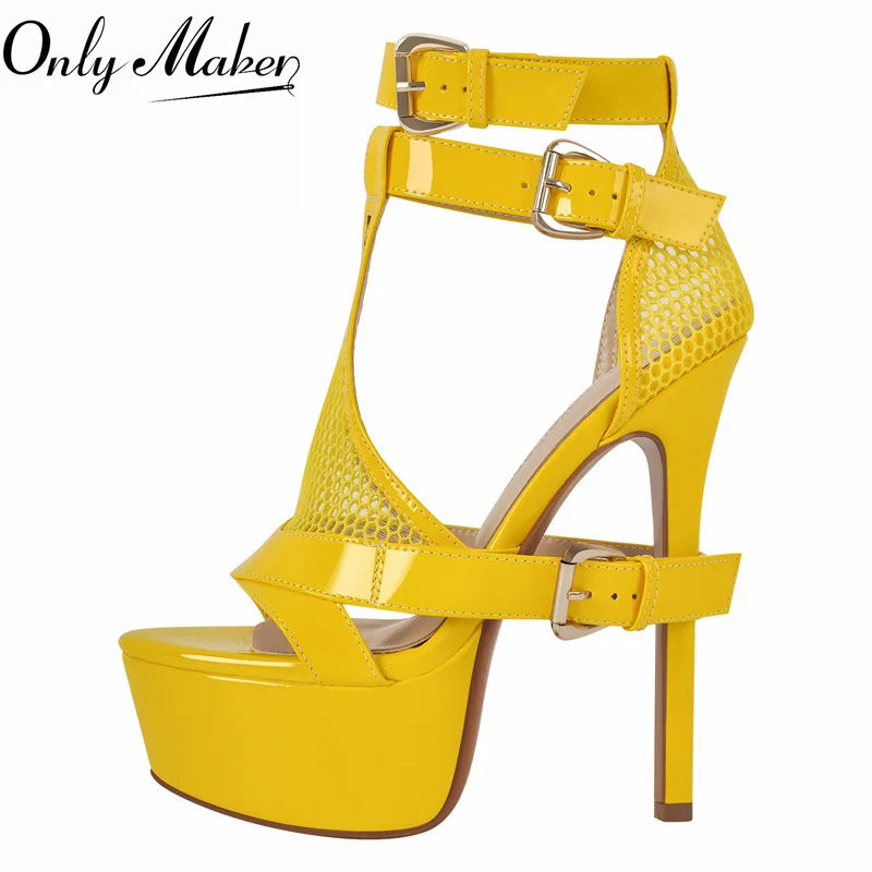 Onlymaker Women Yellow Mesh Buckle Peep Toe Platform Sandals Thin Heels Ankle Strap Buckle Dress Sexy Party Stiletto Sandals