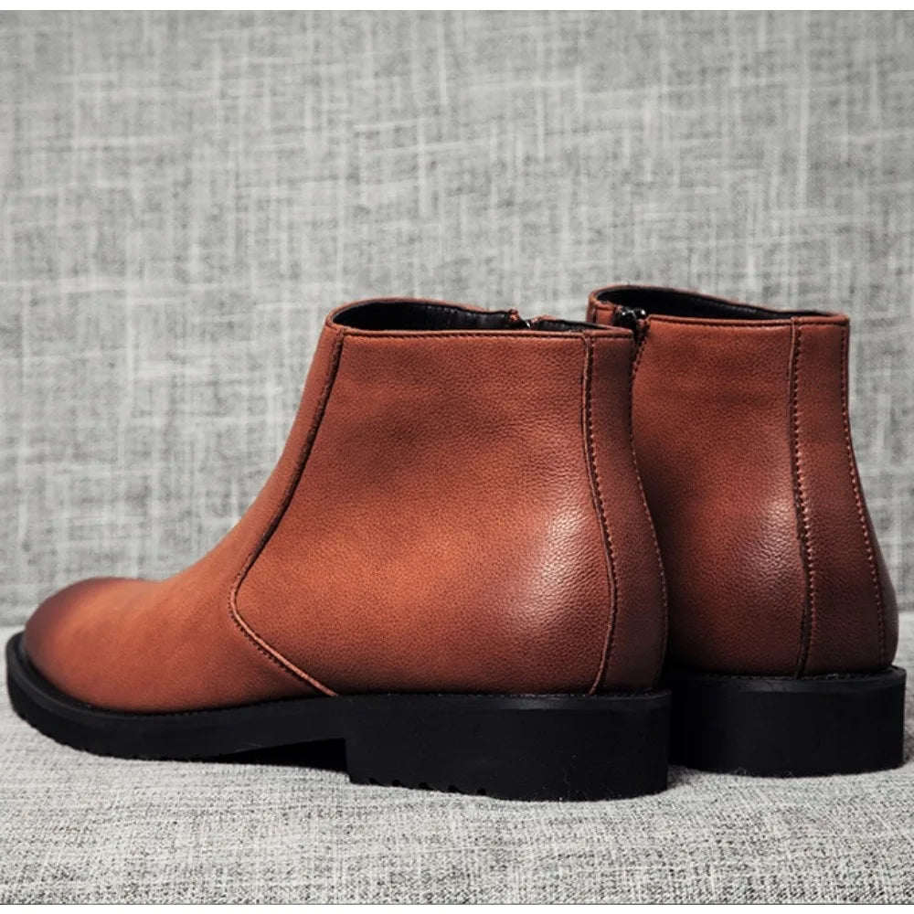 Spring Fashion Leather Men's Boots Convenient Zip Pointed Toe Business Dress Boots Shoes for Men Black Brown Ankle Boots for Man