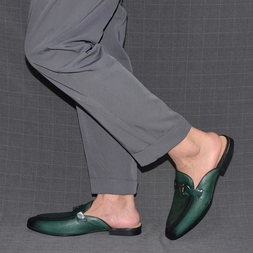 Men's Buckle Mule Slip on Backless Loafer Slides Classic Dressy Flat Sandals Checkerboard Genuine Leather Closed Toe Half Shoes