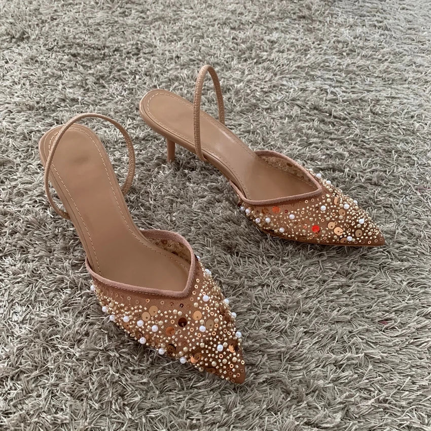 Luxury Fashion Bling String Bead Mesh High Heels Women Sexy Pointed Toe Breathable Heeled Sandals Elegant Slingbacks Women Pumps