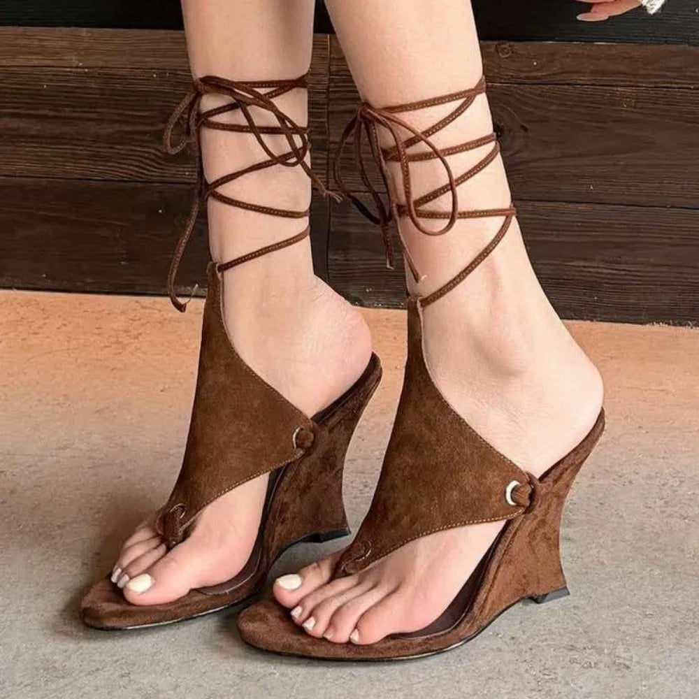 Print Wedge Heel Sandals Women's Lace-Up Flip Flops with Ankle Straps  Animal Pattern Footwear for Summer Parties & Street Style