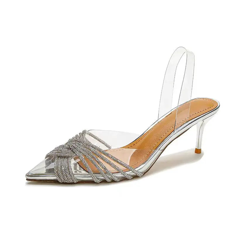 Rhinestone Sandals Women High Heels Summer Sexy Pointed Rear loop strap Stiletto Wedding Shoes Bride Small Size 34-40