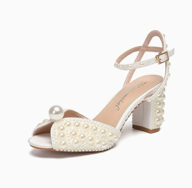 Peep Toe Pearl Women Sandals Square Heel Slingback White Spring Buckle Strap Wedding Fashion Sexy  Women Shoes 2024 New Arrivals