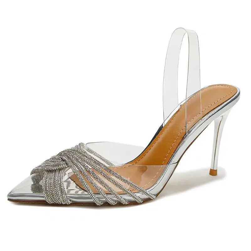 Rhinestone Sandals Women High Heels Summer Sexy Pointed Rear loop strap Stiletto Wedding Shoes Bride Small Size 34-40